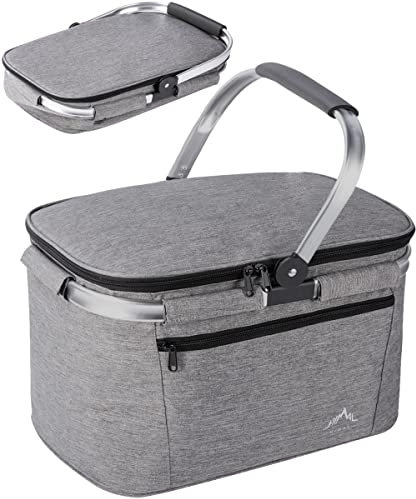 Himal Isolierter Picknickkorb, 32 l, großes Fassungsvermögen mit massivem Aluminiumrahmen, tragbarer Kühlkorb mit wasserdichtem Futter, geeignet für Picknick, Reisen, Camping, Grau