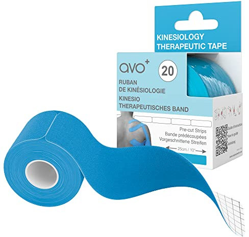 AVO+ Kinesiologie Tape - 5m Rolle mit 20 Geschnittenen Streifen, Elastisches Therapeutisches Sportband, Physio-Übungen und Muskelregeneration, Schwellungen und Schmerzen Lindern, Wasserfest, Blau