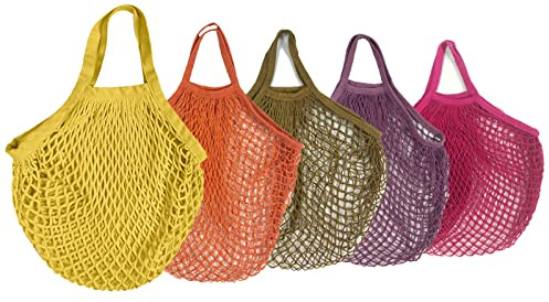 Fayemint 5 Pezzi Borsa Rete Spesa in Cotone, Borsa Riutilizzabile per Frutta e Verdura, Tasca Portaoggetti (5 Colori)