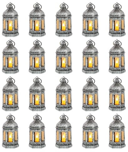 Romadedi 20er Set Mini Laterne Deko Silber - Tischdeko kleine Laterne zum Aufhängen, mit LED Kerzen für Halloween, Ramadan, Garten, Weihnachten, Hochzeit, Balkon