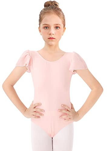 Bezioner Justaucorps Danse Fille,Justaucorps de Gymnastique Filles Manche Bouffante Vêtements de Ballet Danse Classique pour Enfant Rose 140