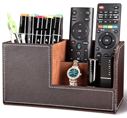 LADSTAG Stiftehalter Schreibtisch Organizer Büro PU Leder Stifte Organizer, Stiftebox Stifteköcher Schreibtischorganizer schreibtisch zubehör, Lieferung mit Visitenkartenetui als Geschenk(Braun)