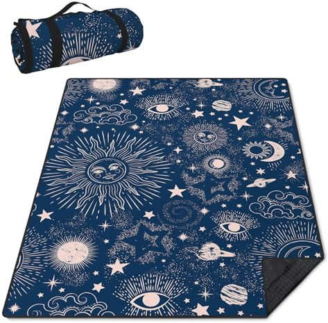 awufncksn Gothic Picnic Blankets Waterproof Foldable,60″X80″Thick Picnic Mat Blue Outdoor Blanket for Grass, Sun and Moon Beach Blanket Sandproof Picnic Accessories for Camping Party Travel Park Lawn