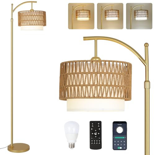 Rayofly Gold Dimmbare Stehlampe Wohnzimmer, Rattan Stehlampe mit Fernbedienung, App-Steuerung, Boho Stehleuchte mit Fußschalter & LED Glühbirne, Moderne Stehleuchte für Schlafzimmer, Büro