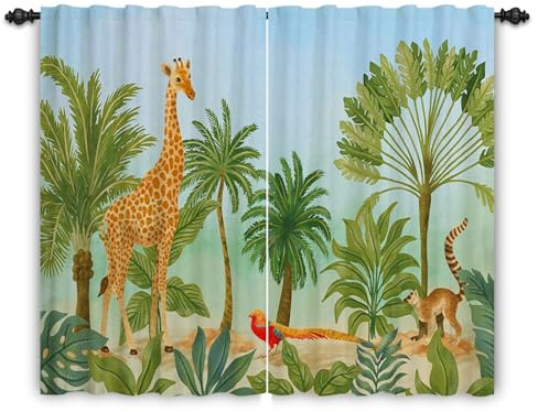 ggaimwf Safari-Vorhänge für das Kinderzimmer Dschungel Giraffe Vogel Palmen Zoo Bunter Tierdruck Fenstervorhang Rutentasche Familie Kinderzimmer Trennvorhang für den Innenbereich 117x138cm 2 Paneele