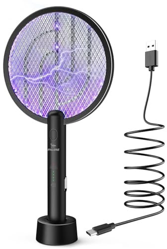 PALONE Racchetta Zanzare Elettrica, 4000V con USB Ricaricabile LED 2-In-1 Racchetta Zanzare Elettrico, Protezione Maglia a 3 Strati, Adatto per Casa Giardino Campeggio Interni ed Esterni - Nero