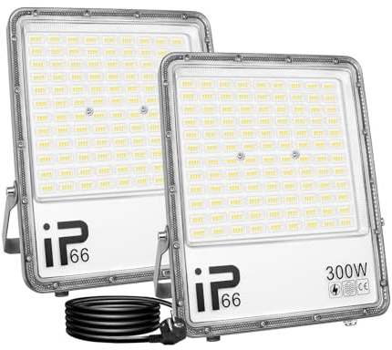 SKYWORLD Focos LED Exterior, 2 x 300W 30000lm foco led con enchufe, Impermeable 6000K Blanco Proyector LED Exterior, Iluminación de Exterior Seguridad para jardín garaje terraza patio trasero