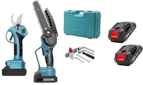 Kit Potatura Motosega + Forbice Elettrico Doppia Batteria 48V 2000Mah a Litio Completo di Valigetta Rigida Protettiva Trincia Rami,Cesoia,da Potatura