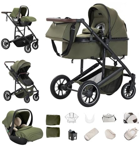 Kakbgee Carrito Bebé 3 en 1, Cochecito Bebe con ECE R129 Asiento de Coche, Cochecito con Mango Ajustable de Altura, Cochecito Carro de Visión alta con Marco Aluminio,22KG,0-4 Años,Verde, 40x25.5x37CM