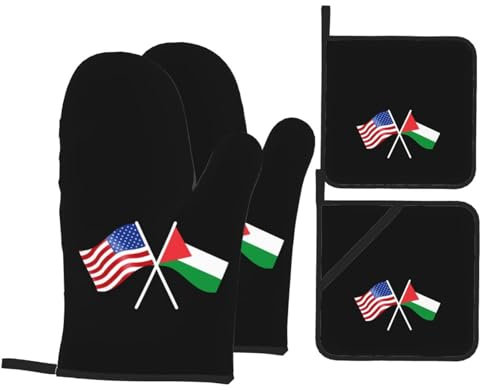 Mitaines De Cuisine Drapeau Américain Et Palestinien Professionnel Baking Gloves Anti Chaleur Maniques Cuisine pour Barbecue Femmes Cuisson,4 Pièces