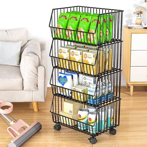 Cestino Frutta e Verdura, Espositore per Snack con Ruote, espositore per cestini per Snack salvaspazio a 4 Ripiani, per Ufficio, Cucina, dispensa, Negozi al Dettaglio, dormitorio, scaffali per superm