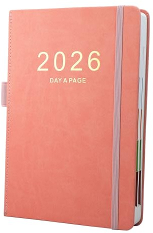 2026 Diary A5 Day Per Page, Diary 2026 From Jan to Dec, Productivity A5 Daily Planner, Full Year Daily Planner with Colorful Monthly Tabs, Fine Inner Pocket, 5.9 × 8.5(Pink)