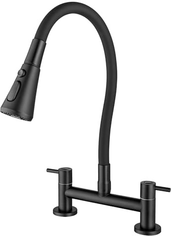 BAITUJIE Kitchen Mixer Tap, Matte Black 2 Hole Kitchen Sink Taps Dual Lever Deck Mounted Bridge Sink Mixer Faucet with UK Standard Fittings