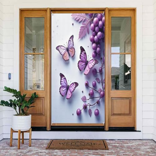 Decoraciones para puertas – Impresión clásica de mariposa lila No.520 Otoño Invierno Banners para puerta delantera, cartel de primavera y verano, telón de fondo colgante para exteriores e interiores
