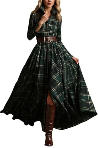 Générique Robe Chemise Maxi à Carreaux Imprimée pour Femmes Robe Fluide à Col Boutonné à Manches Longues avec Ceinture