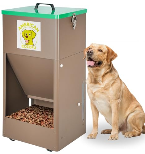 COZOFU Automatic Dog Feeder with Wheels, 25lb Heavy Duty Galvanized Steel Gravity Food Dispenser - Easy to Move Rolling Pet Food Station for Indoor & Outdoor Use