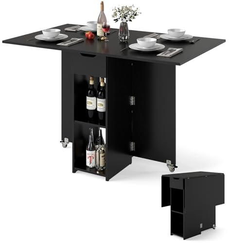COSTWAY Tavolo da Pranzo Pieghevole, Tavolo Salvaspazio per 4-6 Persone con 2 Ripiani, Cassetto e Ruote a Freno, Tavolino Cucina per Cucina, Soggiorno e Ufficio, 120 x 72 x 75 cm (Nero)