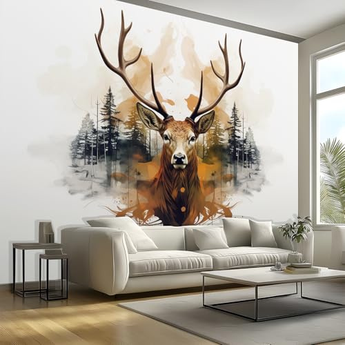 Reindeer Photo Wallpaper, 3D Forest Wall Mural, Peel and Stick Wall Murals, Large Photo Wallpaper for Living Room Bedroom Dormitory Hotel Themed Rooms 150 x 105 cm