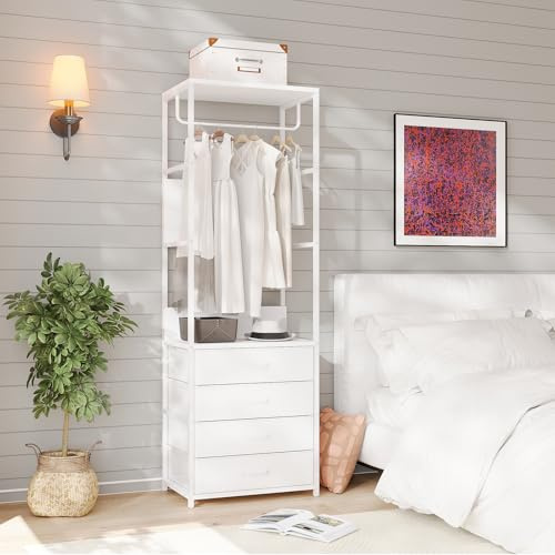 VOWNER Hall Tree Entryway Organizer with 4 Drawers Bench White Rod | Freestanding wardrobe rack with shoe storage, slim space-saving design for apartment, bedroom and hallway organization.