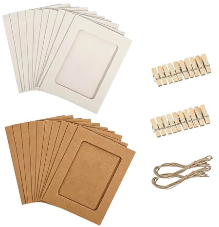 YOUZMY 20 stycken fotogirlang (10 x 15 cm) papperstadram med 20 träklämmor och 2 hamparep, fotoupphängning för födelsedag, bröllop, fest, skola och väggdekoration