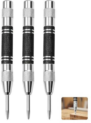 Automatic Centre Punch, 3-Piece Set Adjustable Spring Loaded Center Punch for Metal and Wood, One-Handed Operation Impact Tool with 128mm Length for Precise Drilling and Marking Applicat