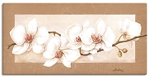 ARTLAND Wanddeko Leinwand Bilder Wandbild 60x30 cm + weitere Größen Gemälde Blumenbilder Orchidee Beige T3MQ