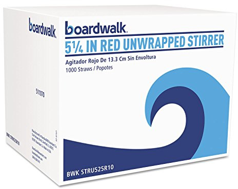 Boardwalk STRU525R10 Unwrapped Single-Tube Stir-Straws, 5 1/4-Inch, Red, 1000/Pack, 10/Carton