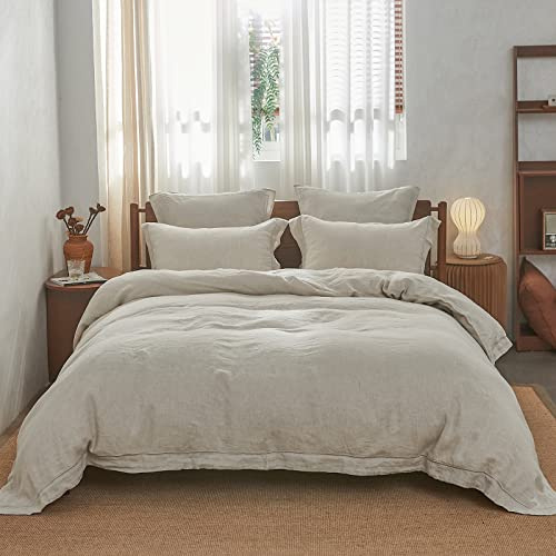Simple&Opulence Housse de Couette 260x220cm avec 2 Taie d'oreiller 50x75 cm,100% Lin,Parure de Lit Adulte avec Broderie, Housse de Couette 2 Personne,avec Fermeture Boutonnée,Lin Naturel