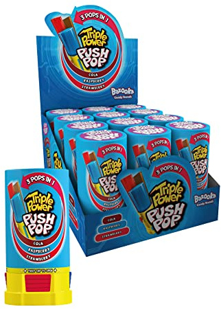 Triple Power Push Pop Lot de 12 paquets de 3 saveurs en 1 Lollipop – Cola – Fraise – Framboise – Sucettes emballées individuellement | Bonbons américains