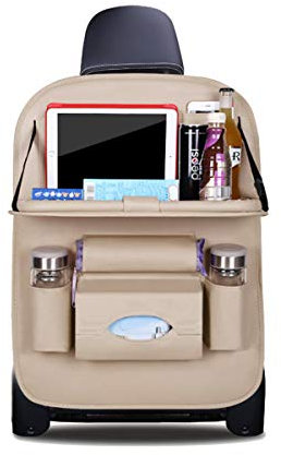 Ergocar Auto Organizer Rückenlehnenschutz Luxus Autositzschutz aus PU-Leder mit faltbarem Tablethalter wasserdicht Rückenlehnenschutz Rückenlehnen-Tasche für Kinder (Beige - 1 Pack)