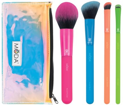 Moda Royal & Langnickel Lot de 5 pinceaux électriques avec étui – Poudre ronde, fard à joues angulaires, ombreur biseauté et pinceau estompeur, multicolore – Fluo