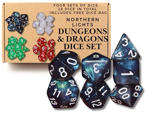 Space Themed x28 DnD Dice Set – Dungeons and Dragons Die Set with Free Dice Pouch – D&D Dice Set - D20 D12 D8 D4 D6 D4 - Polyhedral Dice Sets - D and D Dice Northern Lights Poly Sets x4 (Aurora)