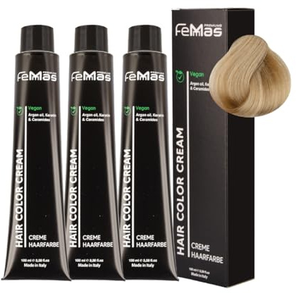 FemMas Haarfarbe 3x Hell Lichtblond Intensiv 10.0 I Creme Haarfarbe mit Arganöl, Keratin & Ceramiden I dauerthafte Haarfärbung oder Tönung für strahlende Farbergebnisse I 100 ml