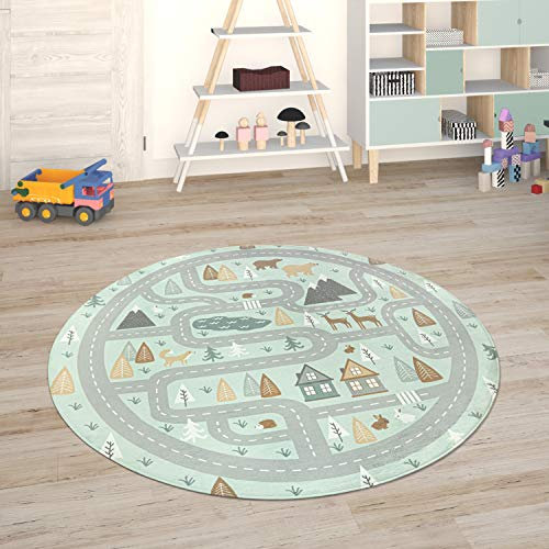 Paco Home Kids Rug Children's Room Play Mat Baby Mat Car, Size:80 cm round, Colour:Turquoise