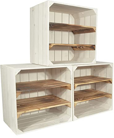 CHICCIE 3 Set Weinregal Wino aus Holz - Weiß Geflammt 2X Regal Holzkiste