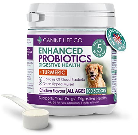 Canine Life Co. Enhanced Dog Probiotics Powder – 5 Billion CFU, 10 Strains – Turmeric & Green Lipped Mussel – Chicken Flavour – Digestive & Allergy Support – 100g