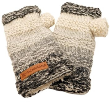 Pachamama Women Soft Wool Mohair Hand Wrist Warmers Sherpa Fleece Lined Handknitted Neutral Grey One-Size Handmade Thumbhole Thermal Extra Warm Fair Trade