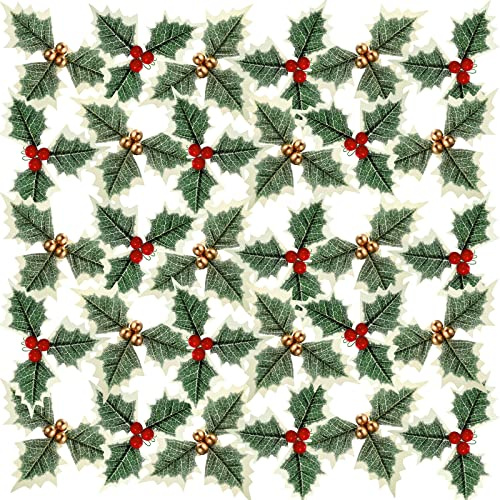 wordmouk Weihnachten Künstliche Stechpalmenbeeren mit Grünen Blättern 30 Stück Künstliche Stechpalmen Roten Golden Beeren Artificial Holly Berries mit Stechpalmenblätter für DIY Tischdekoration
