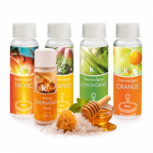 Saunaaufguss Set Karibik 4x100ml + Honig Saunasalz Peeling – Mango, Orange, Lemongras & Tropic – Hochkonzentriert – Fruchtig-exotisches Sauna Geschenkset – Made in Germany