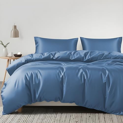 LINENWALAS 100% Eucalyptus Duvet Cover Set Single Size, Luxury Soft, Cooling Tencel Lyocell Silk Bedding Set, 1 Duvet Cover & 1 Pillowcase (Single, Bahamas Blue)