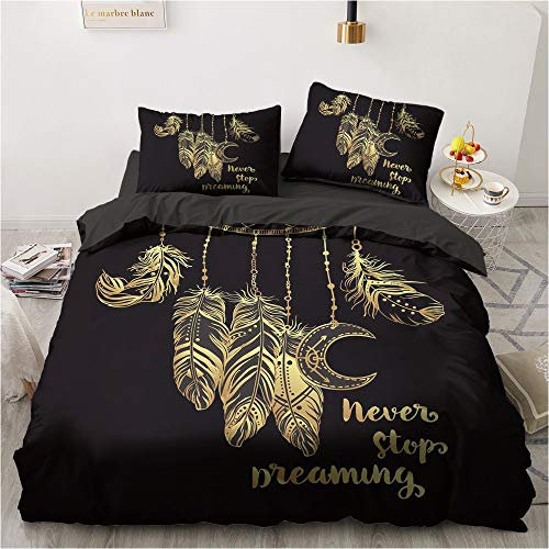 Luowei Bettwäsche Traumfänger 200x200cm Schwarz Gold Bohemien Vintage Bettbezug Weiche Mikrofaser Deckenbezug mit Reißverschluss + 2 Kissenbezug 80x80cm