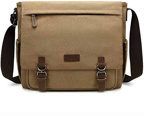 Sunborls Herren Damen Umhängetasche Canvas & Echtleder Messenger Bag Satchel Student Bag Aktentasche für 14 Zoll Laptop, grau