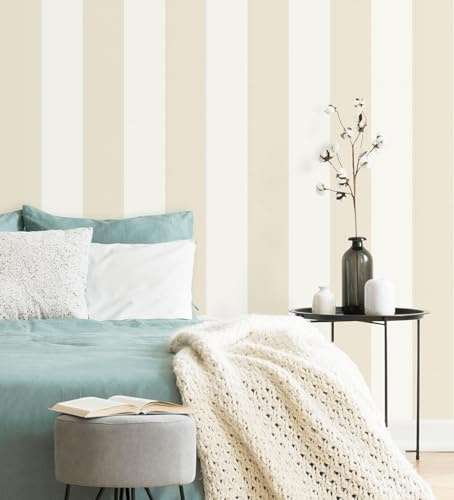 GAULAN 680242 Papier peint vinyle à rayures beige sur fond blanc pour mur salon cuisine bain chambre couloir meuble salle à mange tête de lit hall - Rouleaux de 10 m x 0,53 m