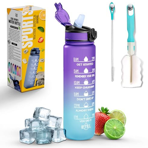 Roe Tenpo Sports Water Bottle with Straw and Time Marking, and 32OZ Capacity - Motivational and Eco-Friendly BPA-Free Bottle for Running, Gym, Yoga, Outdoors, and Camping (Style-1, Blue-Purple)