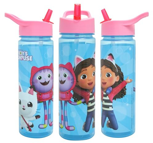 Gabby's Dollhouse Kids Bouteilles d'eau avec paille rabattable 600 ml – Produit officiel Gabbys Dollhouse Toys UK par Polar Gear – Bouteille d'eau recyclable sans BPA pour filles