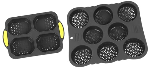 Molde para pan de hamburguesa 2 piezas, Molde de silicona antiadherente para pan de hamburguesa, 8 cavidades + 4 cavidades perforadas, apto para horno y lavavajillas