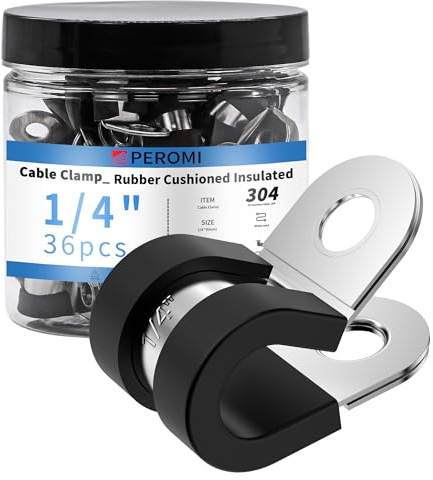 PEROMI 36PCS 1/4 Double Cable Clamps with updated Enhanced Riveted Reinforce, 304 Stainless Steel Rubber Cushioned Insulated Clamps for Secure Loop, Pipe & Metal Wire Fixing