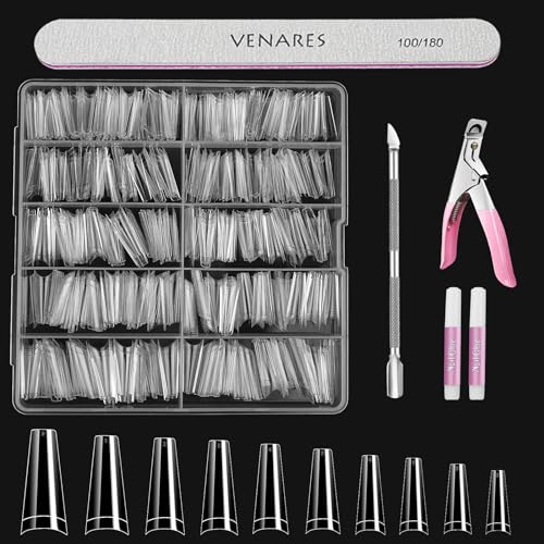 Tips för gelnaglar med lim, Venares 500 stycken kista, falska nagelspetsar, genomskinliga, 10 storlekar, nageltips för gelnaglar genomskinliga, halvnagelspetsar set med lim, nagelbuffert