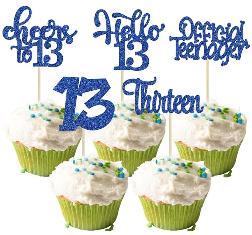30Pcs 13th Birthday Cupcake Toppers Hello 13 Cupcake Picks Official Teenager Cheers to 13 Years Old Cake Decorations for 13th Birthday Anniversary Party Supplies Deep Blue Glitter