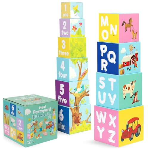 boppi Bloques apilables para bebés, Juguetes de Animales de Granja con Letras y números, Cubos Montessori para niños pequeños, Juguetes de Aprendizaje Preescolar
